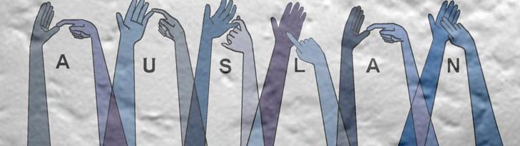 AUSLAN written in a light background with hands showing signs