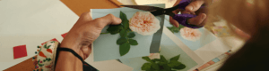 A person cutting out a flower from a page to create collage.
