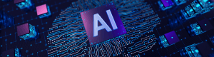 Futuristic AI processor chip connected to a glowing blue circuit board, representing artificial intelligence, digital technology and machine learning.