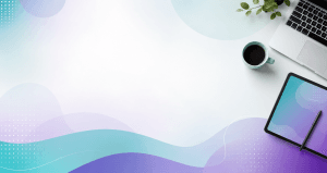 Abstract Canva-inspired course background with laptop, tablet, coffee cup and colourful teal and purple design elements.